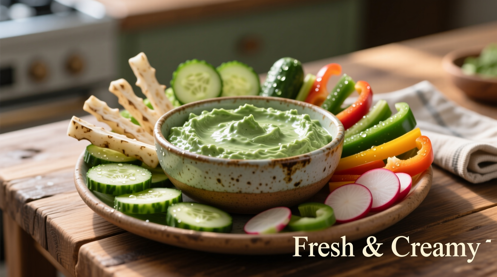 Creamy spinach dip in ceramic bowl with vegetable dippers