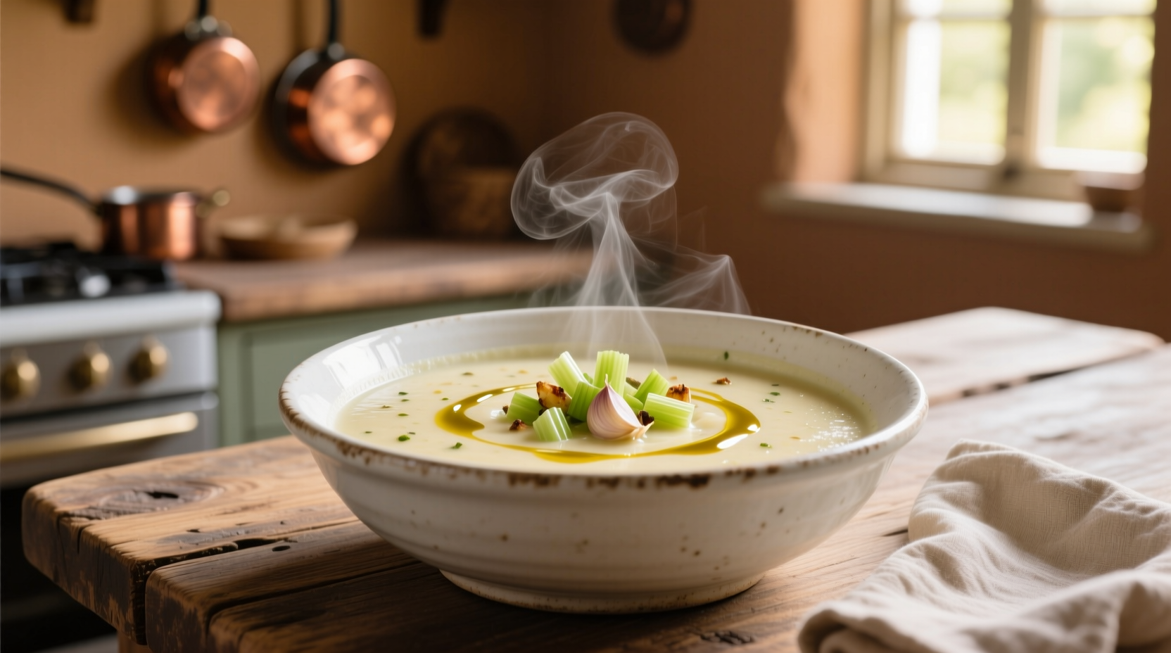 Creamy non dairy potato soup in white bowl