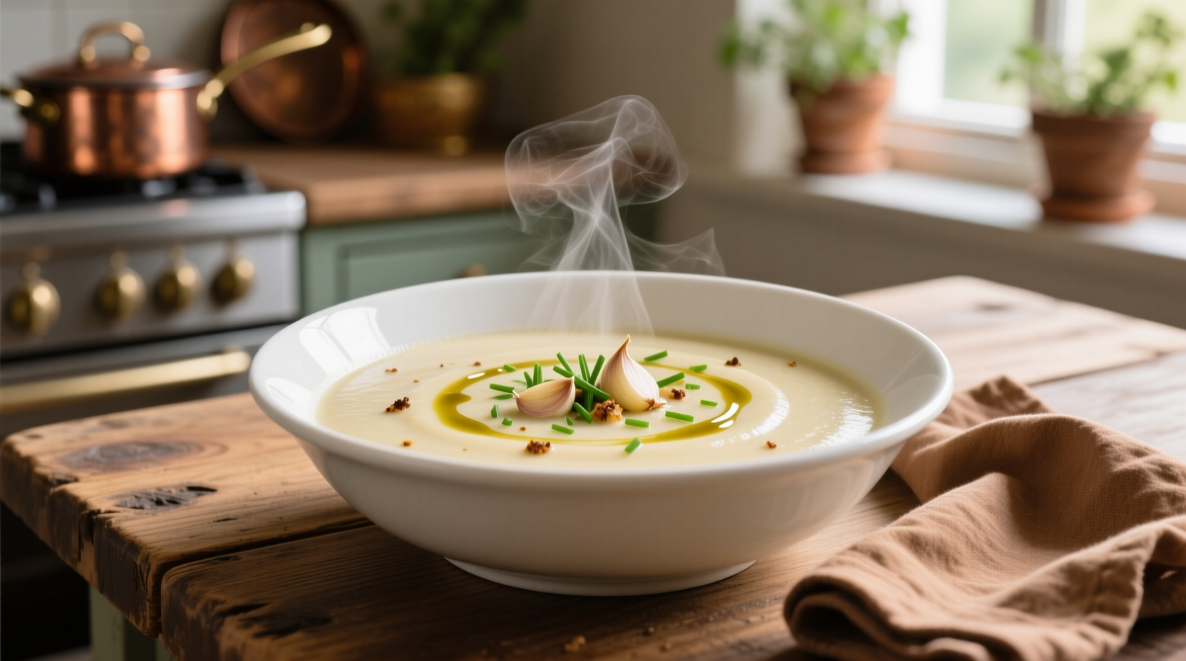 Creamy meatless potato soup in white bowl