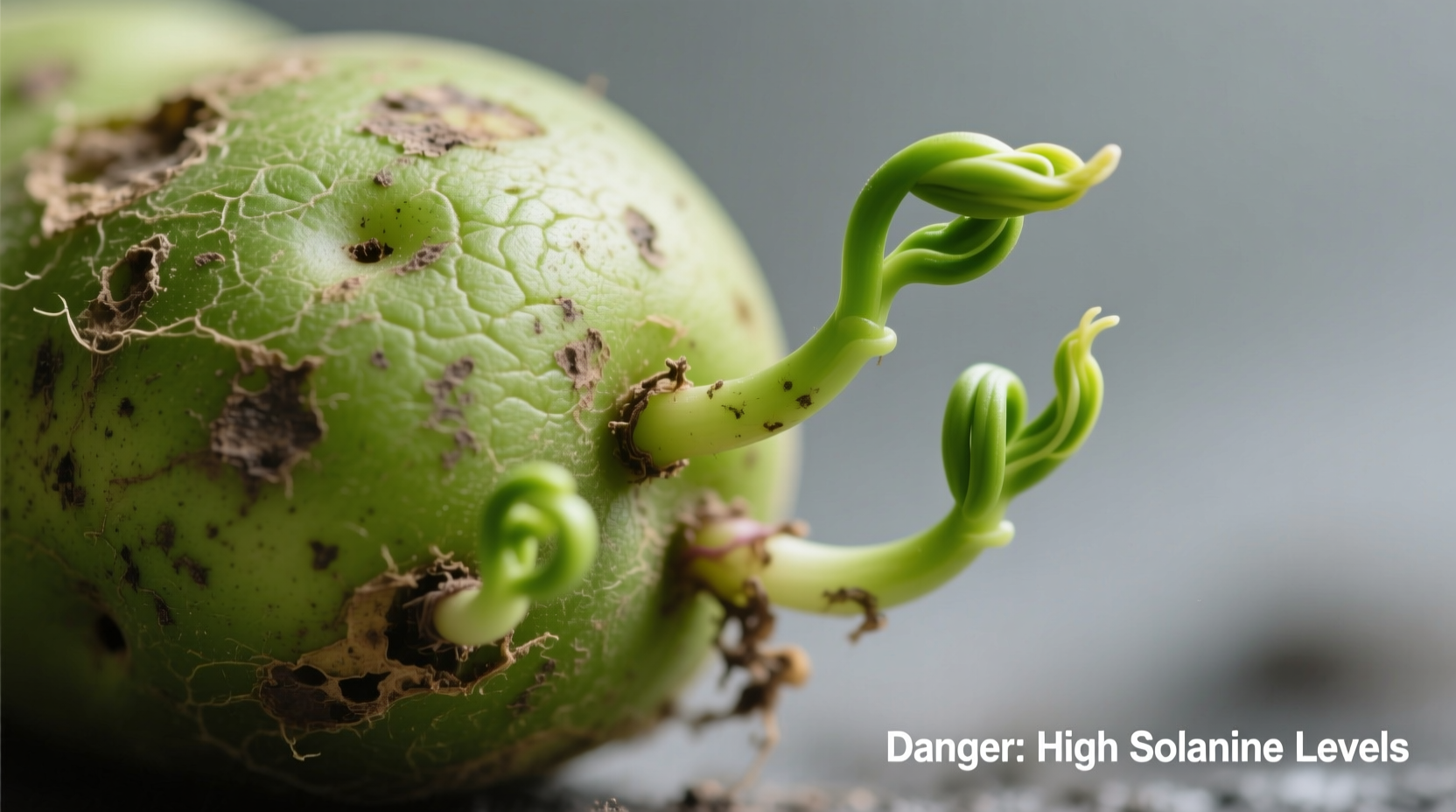 Green potato with visible sprouts showing dangerous solanine levels