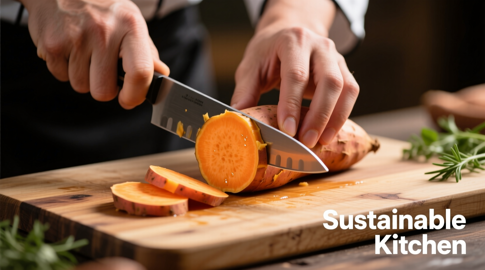 Chef's hands dicing sweet potato on cutting board