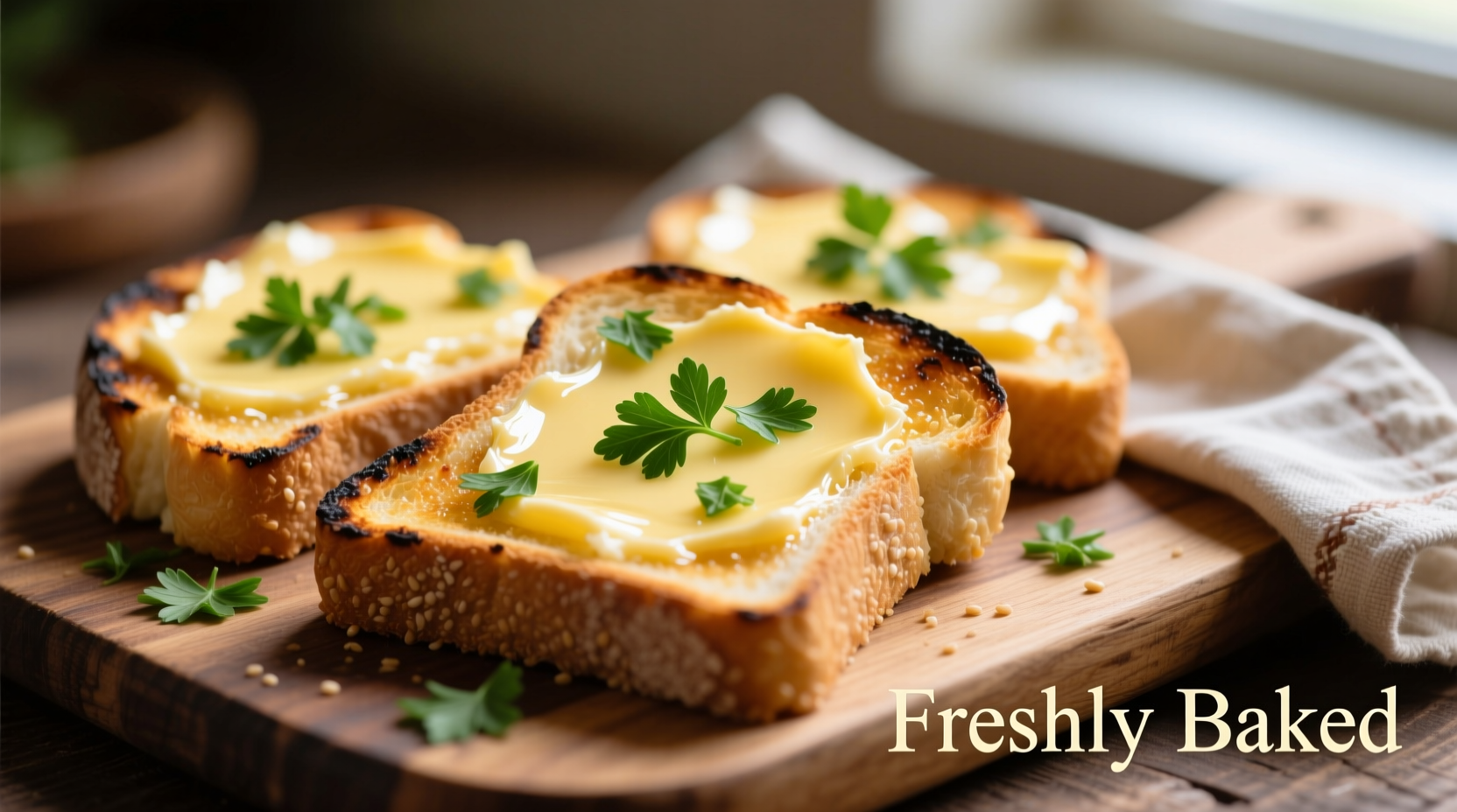 Golden garlic toast with melted butter and fresh parsley