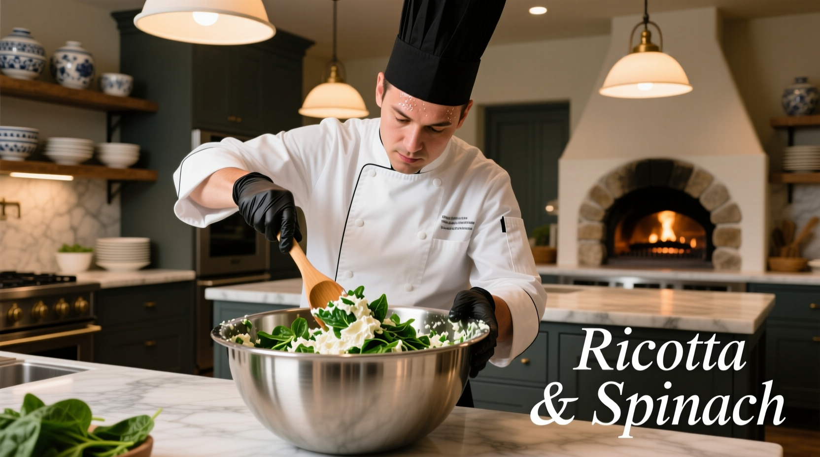 Professional chef preparing spinach ricotta filling in stainless steel bowl