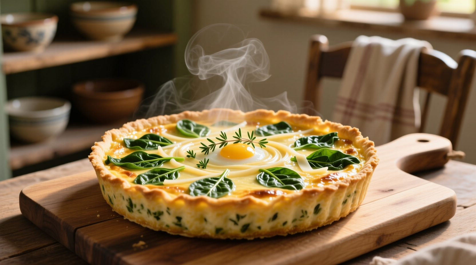 Golden crustless spinach quiche fresh from oven