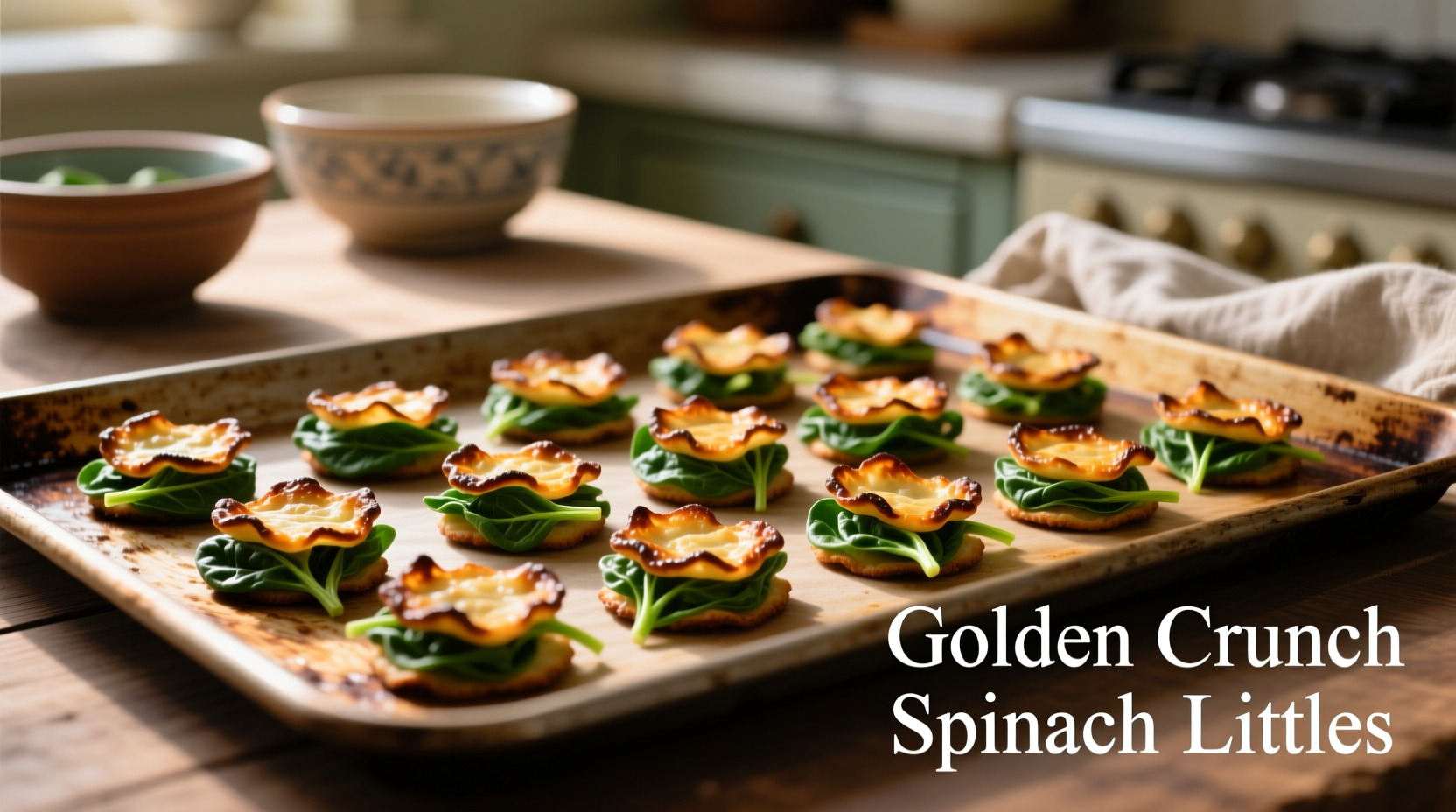 Crispy golden brown spinach littles on baking sheet