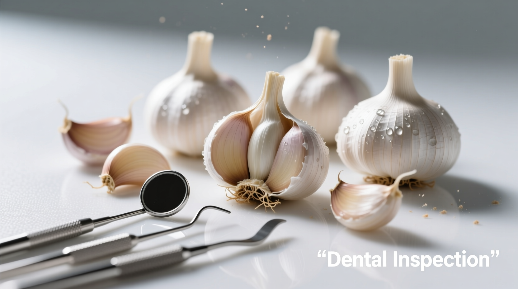 Raw garlic cloves with dental tools