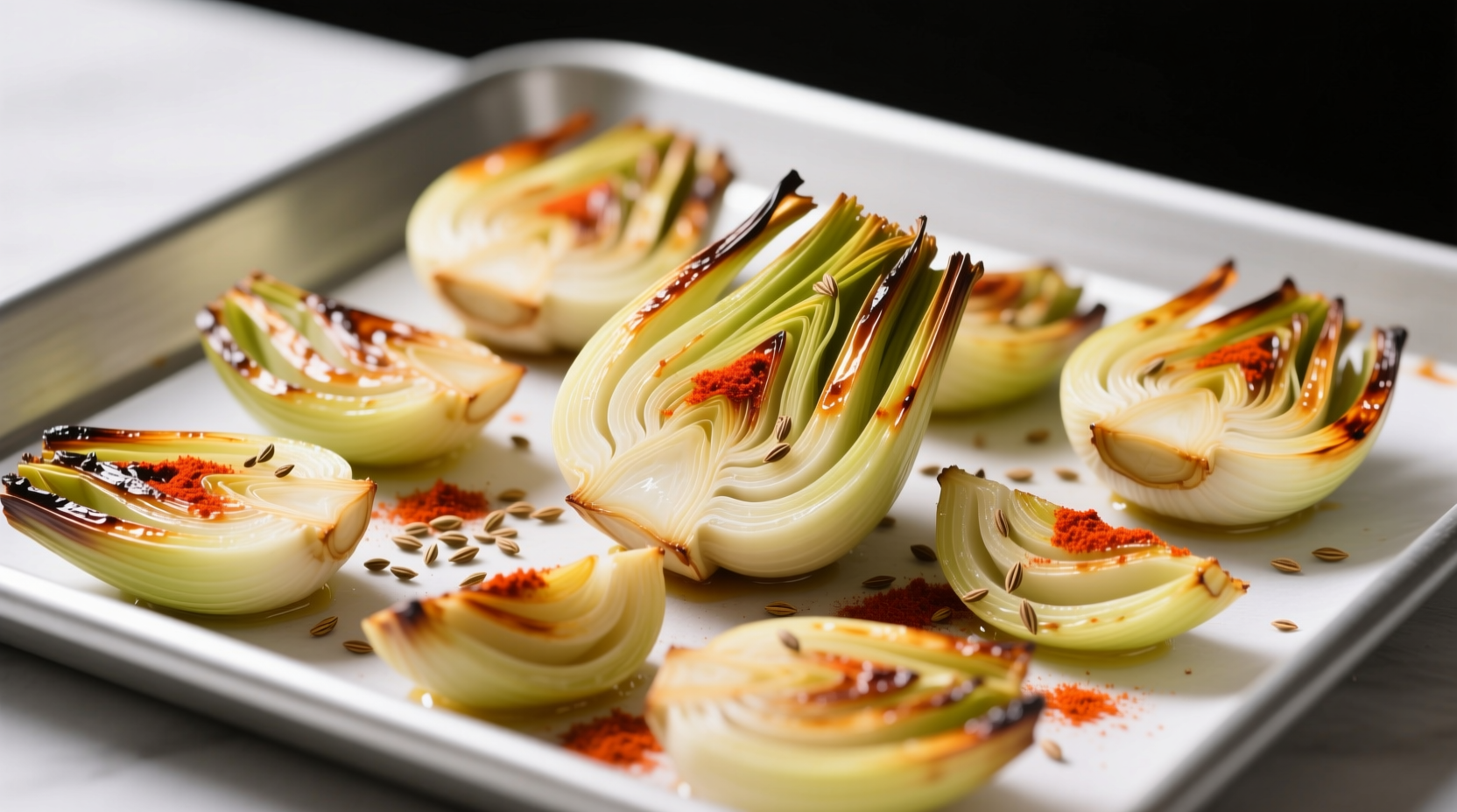 Roasted fennel bulb wedges with cumin and smoked paprika on baking sheet