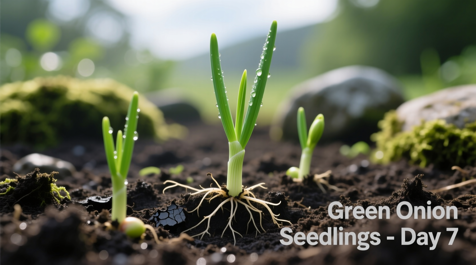Green onion seedlings growing in garden soil