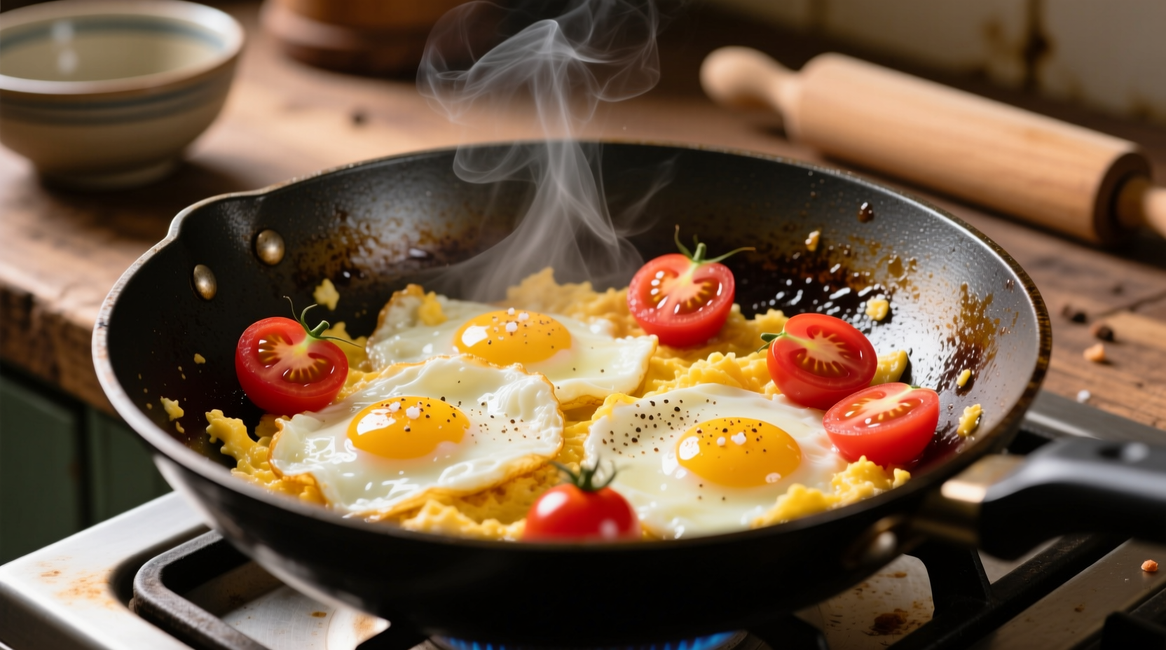Scrambled eggs with fresh tomatoes in wok