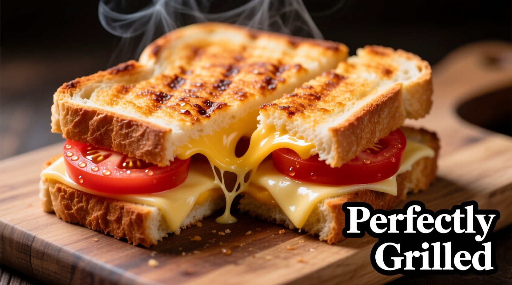 Perfect golden grilled cheese sandwich with tomato slices