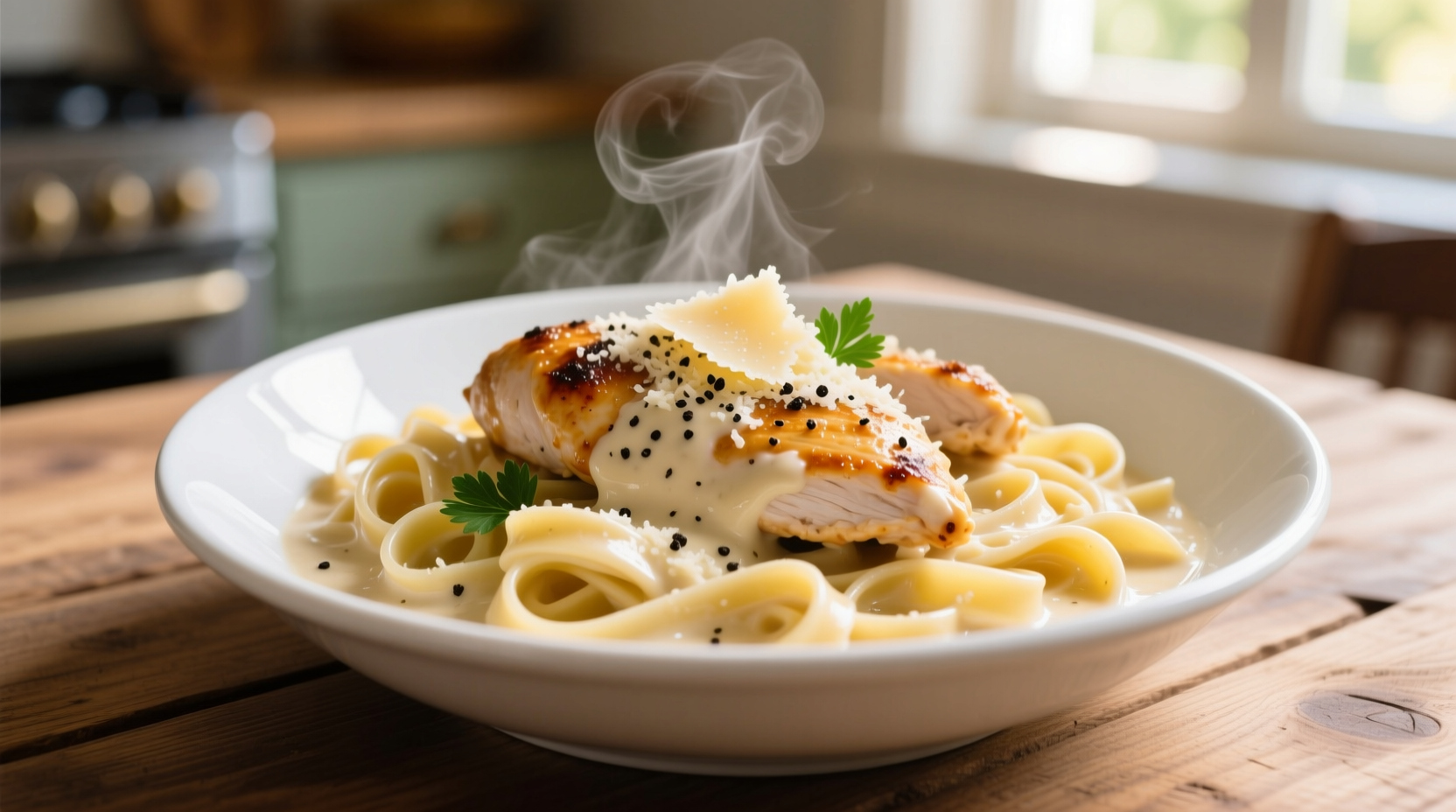 Creamy garlic parmesan chicken pasta in white bowl