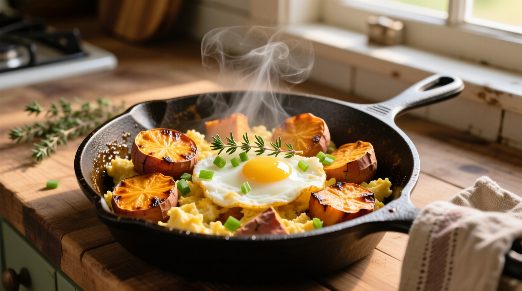 Golden sweet potato and egg hash in cast iron skillet