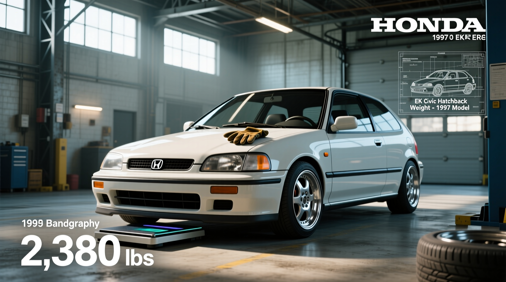 Side profile of 1997 Honda Civic EK hatchback showing wheelbase and door lines