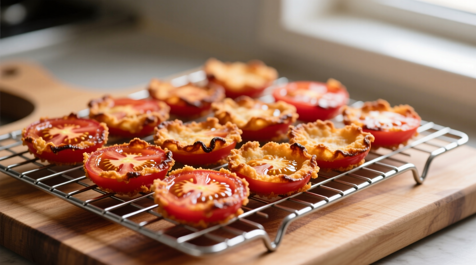 Crisp fried tomato slices arranged on wire rack