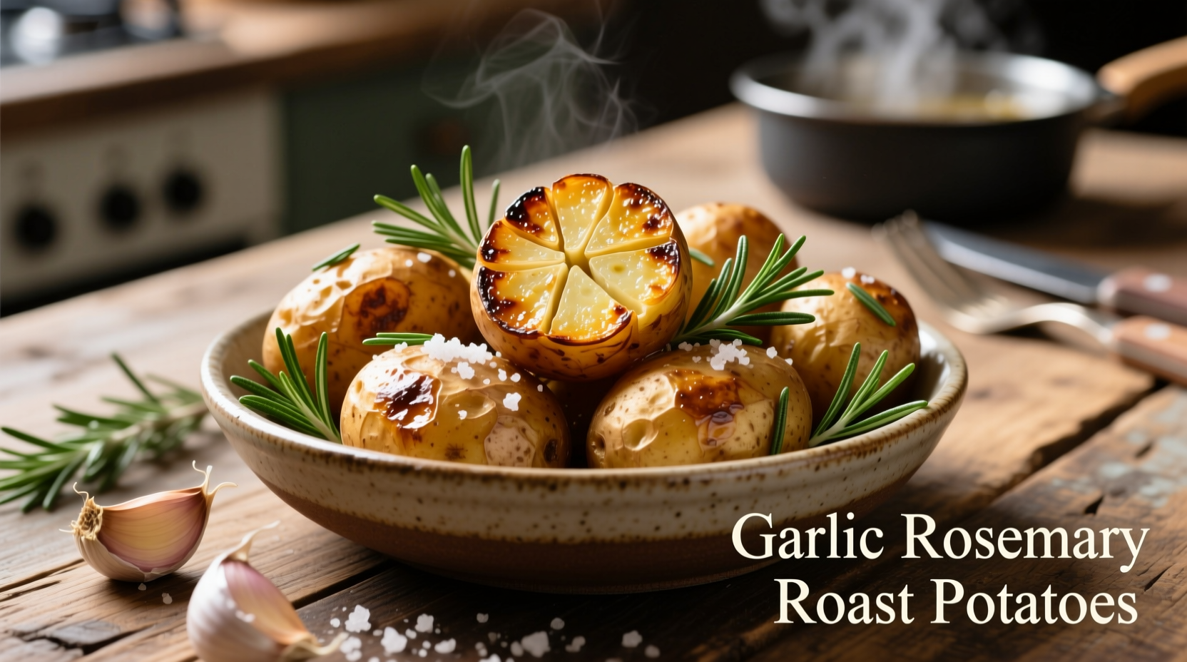 Golden brown garlic roasted potatoes with rosemary sprigs