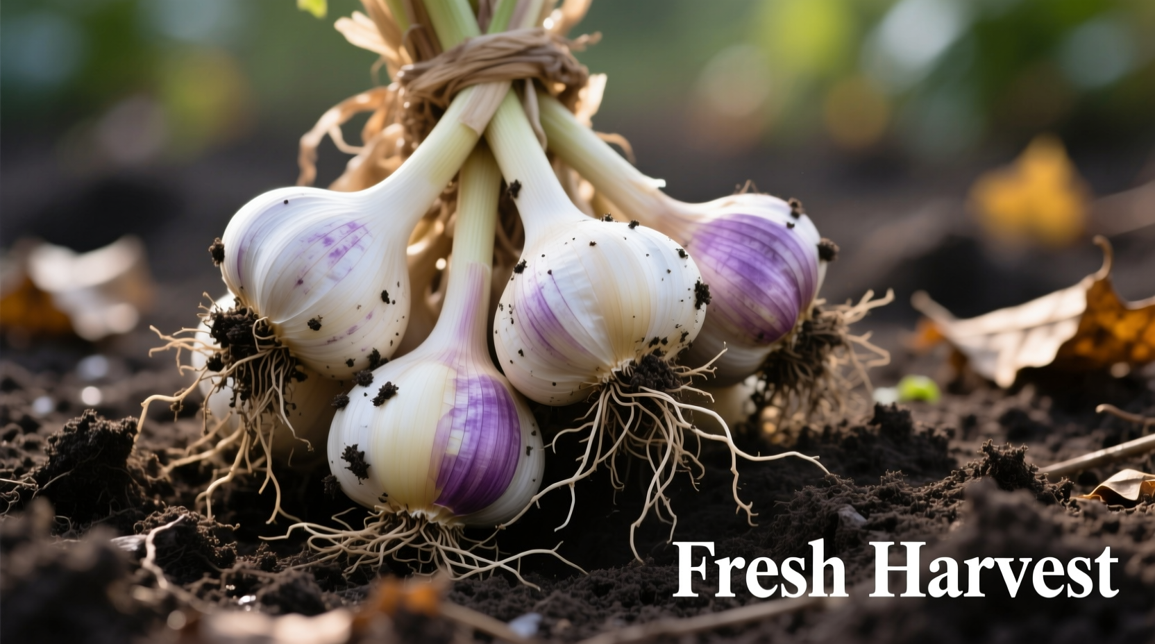 Freshly harvested garlic bulbs with soil still attached