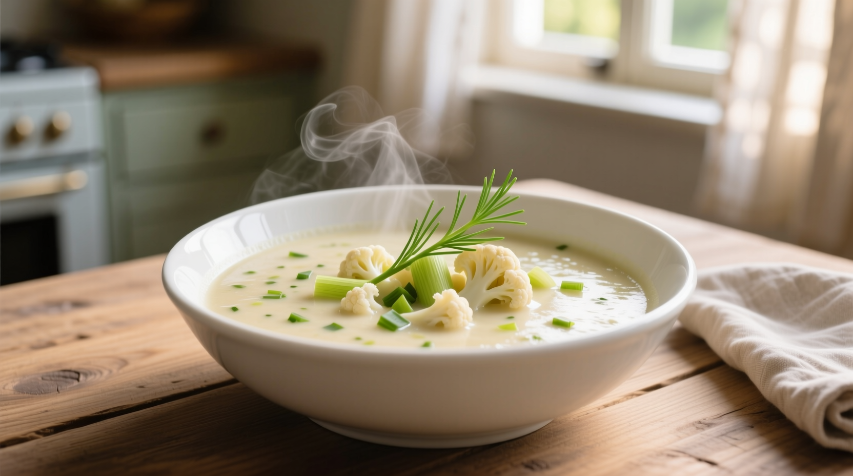 Creamy leek cauliflower soup in white bowl