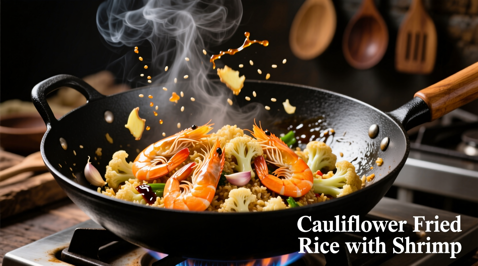 Cauliflower fried rice with shrimp in wok