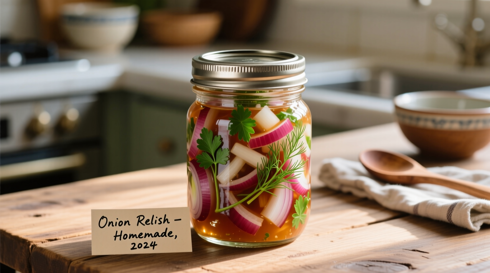 Homemade onion relish in mason jar with fresh herbs