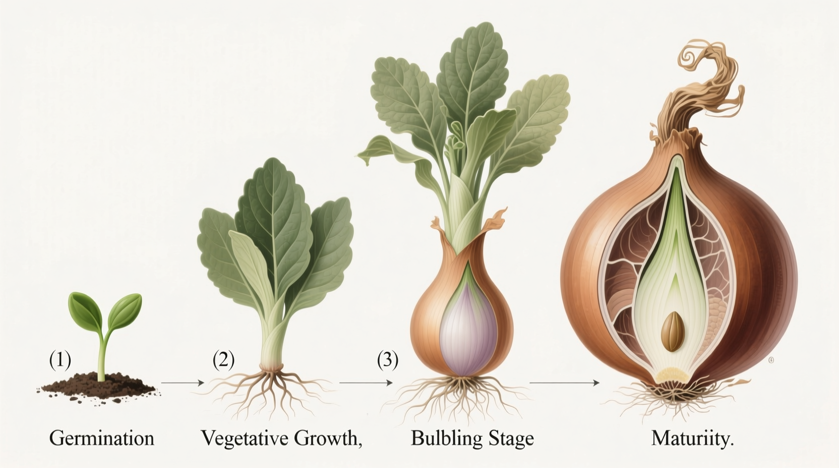 Onion growth stages from bulb to mature plant