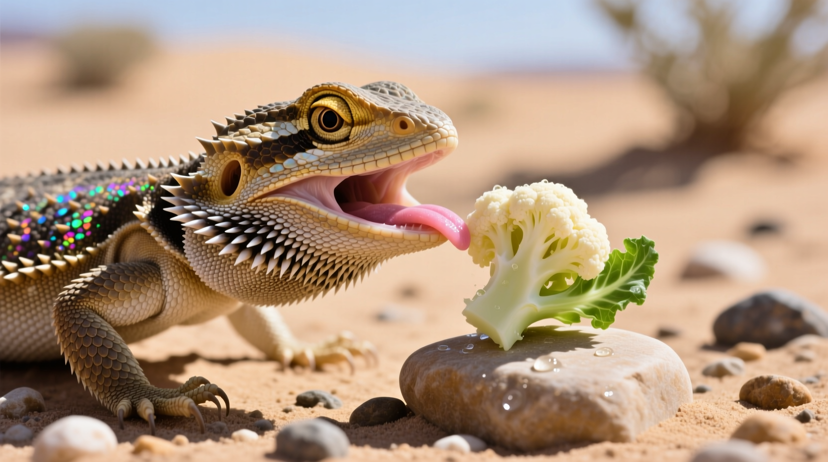 Bearded dragon eating small piece of cauliflower