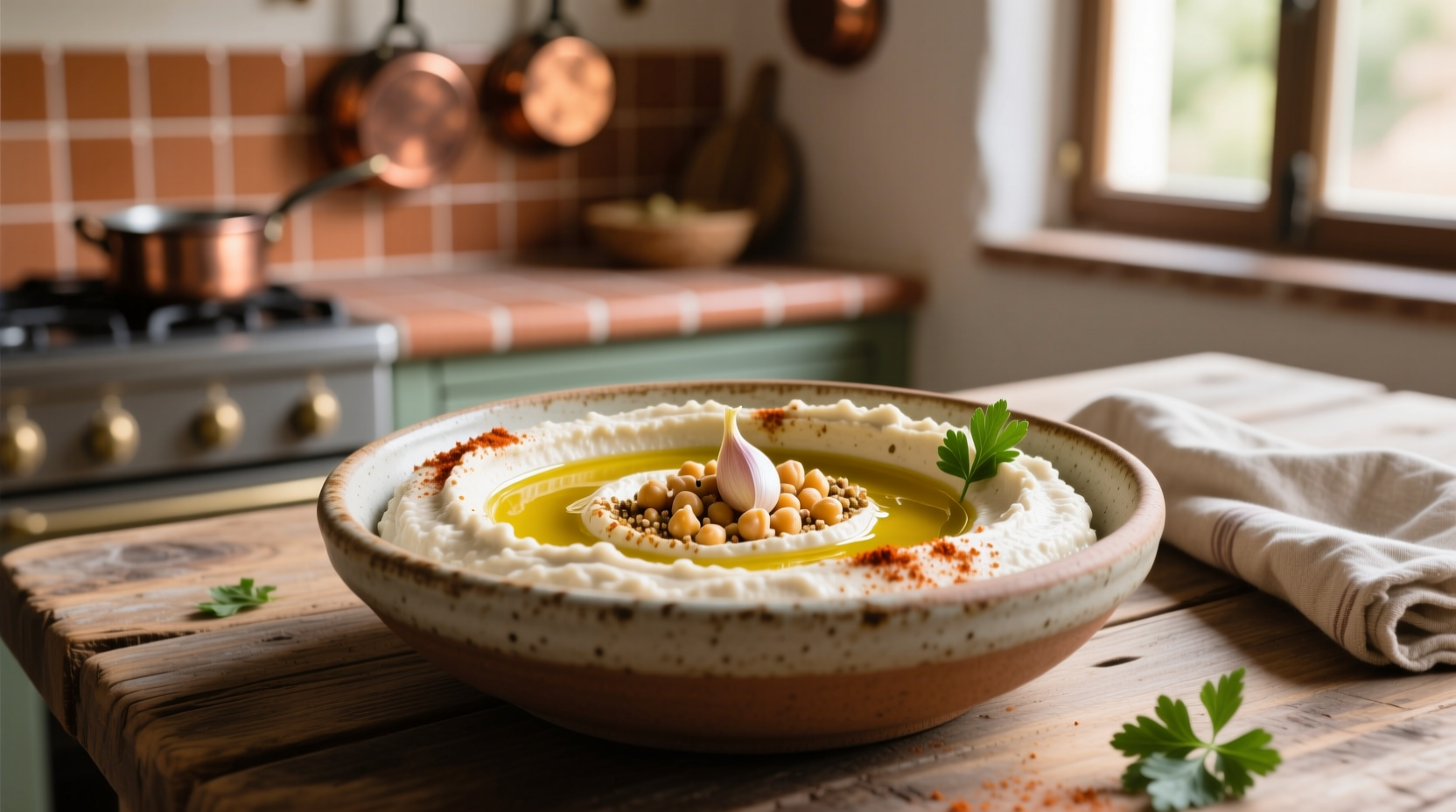 Creamy roasted garlic hummus in bowl with olive oil drizzle