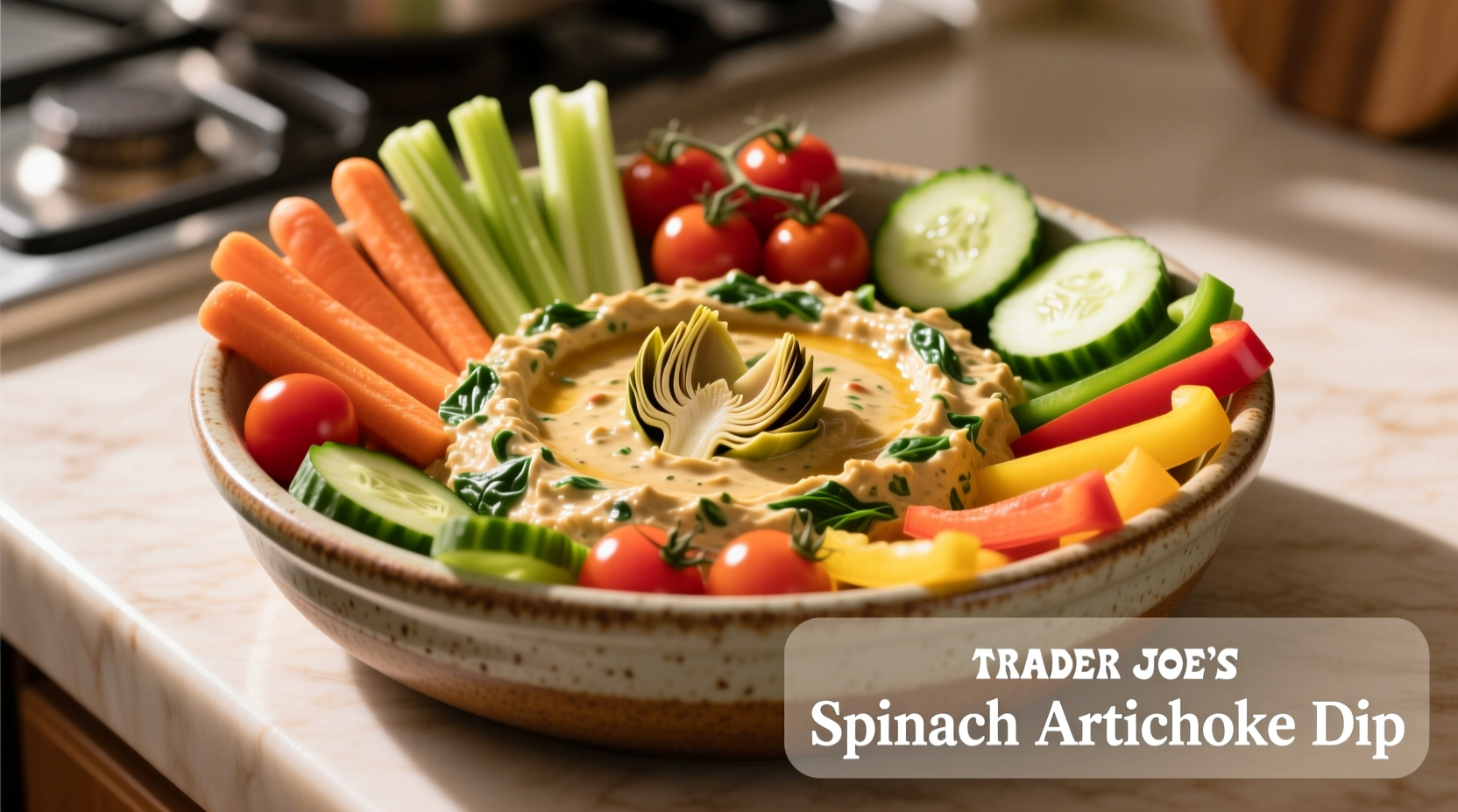 Trader Joe's spinach artichoke dip in serving bowl with vegetables