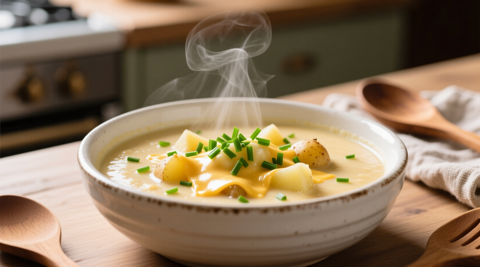Creamy cheesy potato soup in white bowl with fresh chives