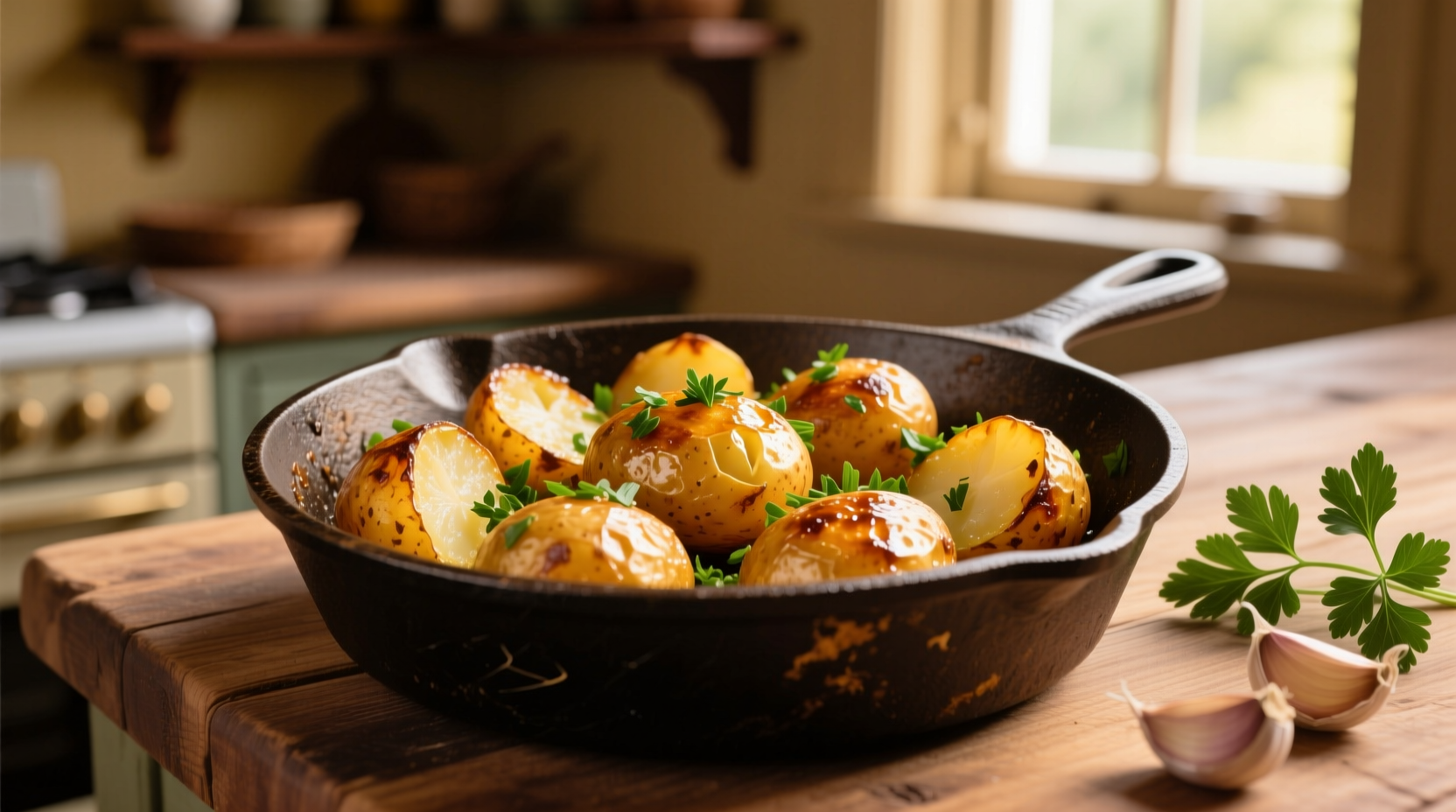 Golden roasted parsley potatoes in cast iron skillet