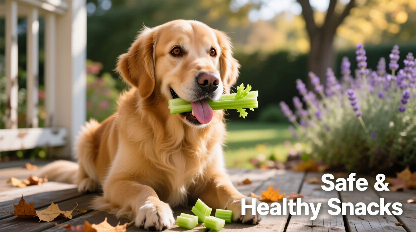 Golden Retriever safely eating small celery pieces