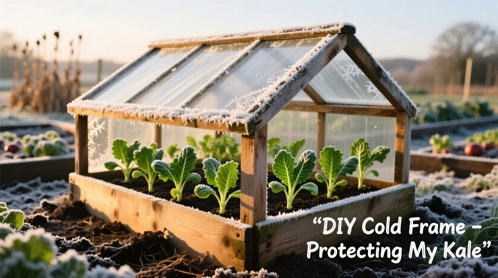DIY cold frame protecting kale seedlings from frost