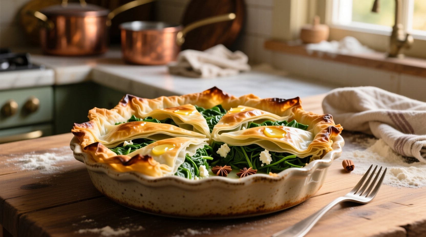 Homemade spinach pie with golden phyllo layers