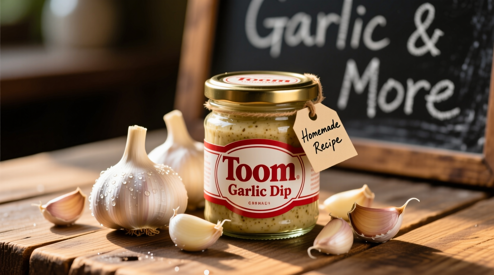 Fresh garlic cloves next to Toom garlic dip container