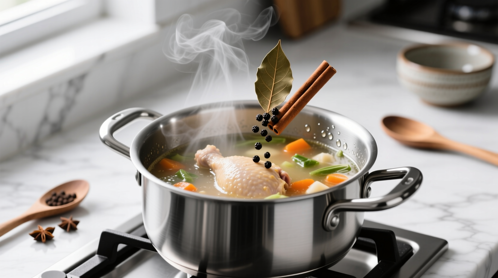 Step-by-step visual: Adding whole spices to simmering chicken vegetable soup