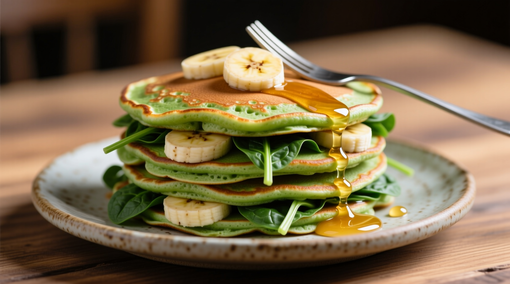 Vibrant green spinach banana pancakes on a plate