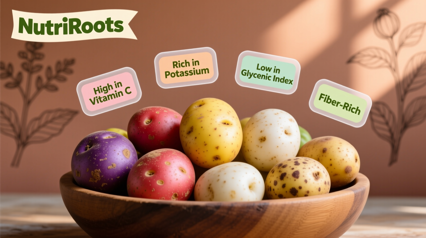 Colorful assortment of potatoes with nutritional facts