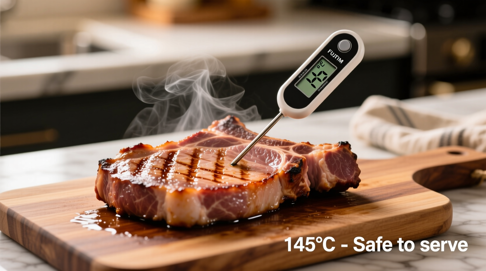 Checking pork chop temperature with digital thermometer