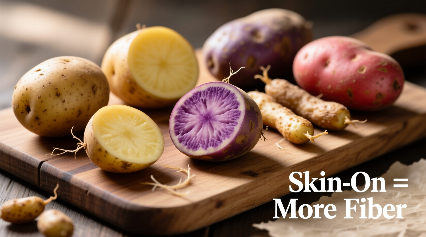 Potato varieties showing skin-on preparation for maximum fiber