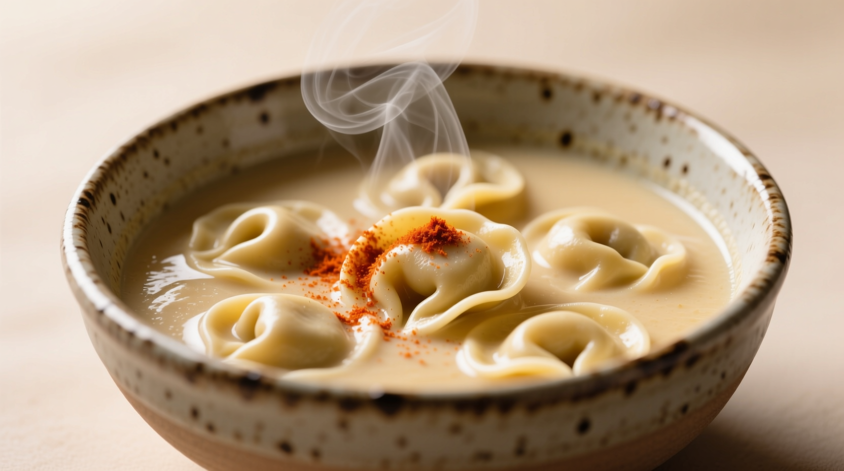 Creamy tortellini soup with smoked paprika garnish in rustic ceramic bowl