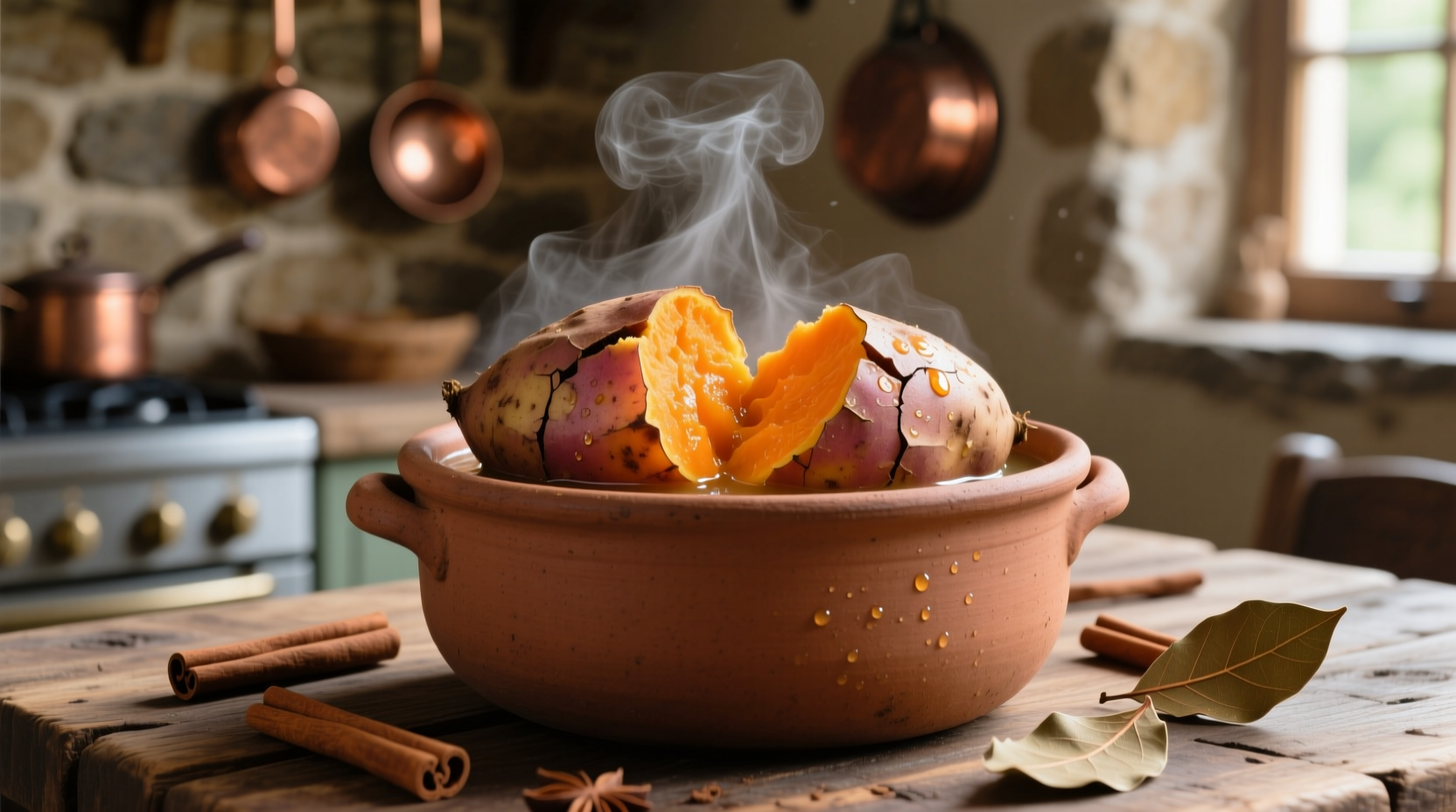 Perfectly boiled sweet potatoes in a pot