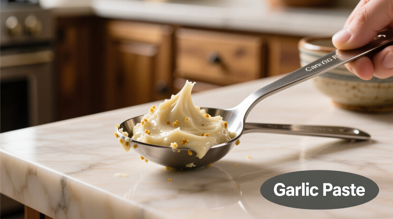 Amore garlic paste squeezed into a measuring spoon