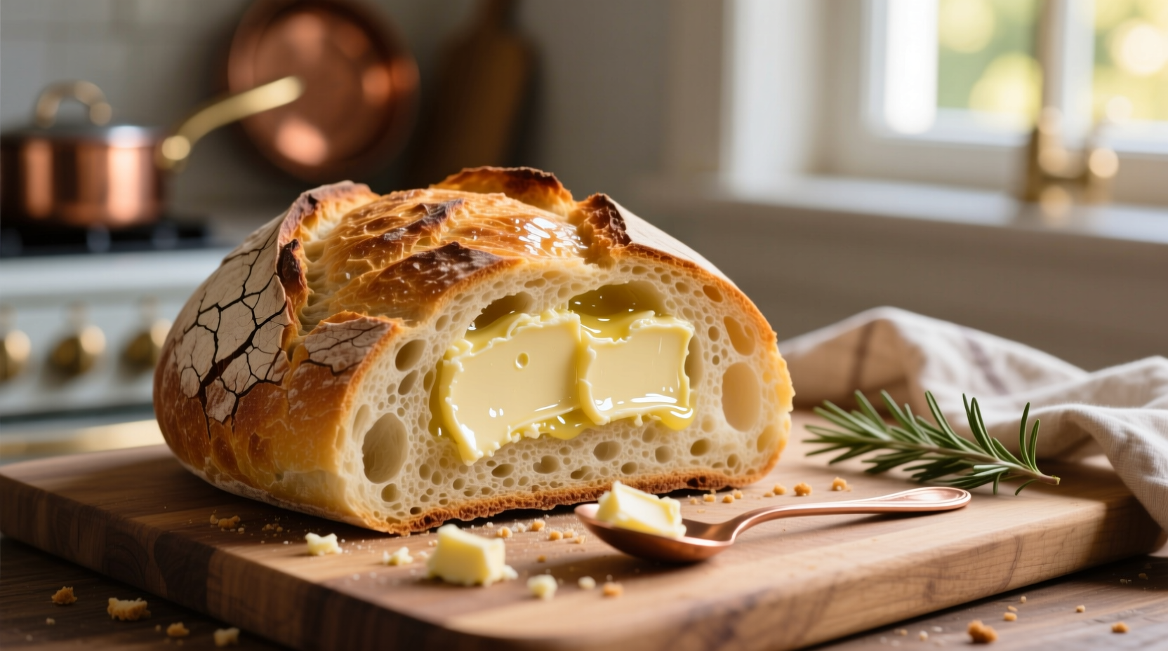Freshly baked bread with garlic butter brushed on top