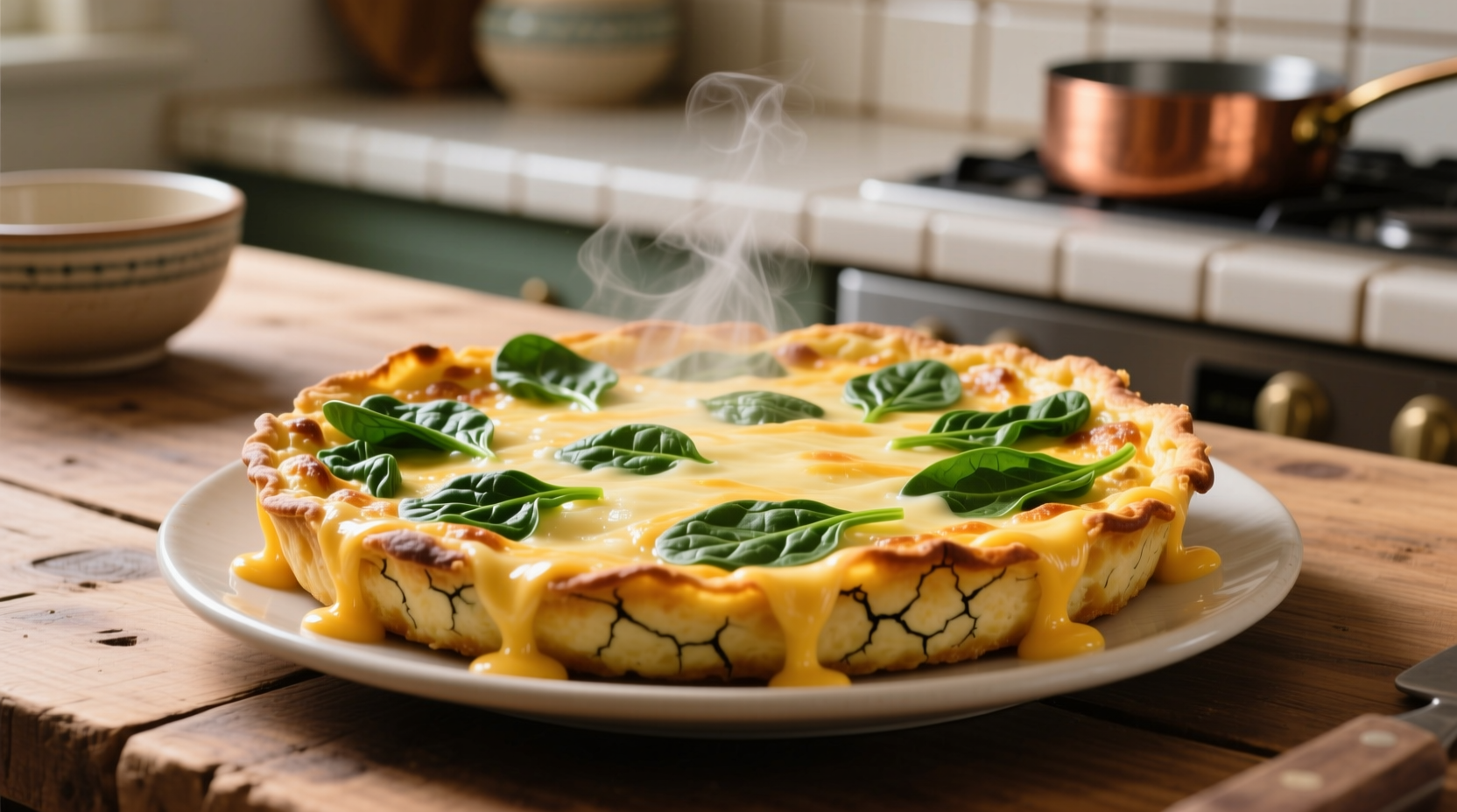 Golden spinach fritatta with melted cheese topping