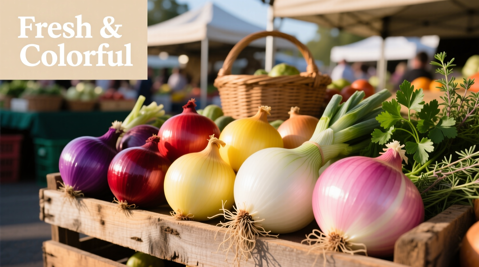 Colorful onion varieties displayed at farmers market