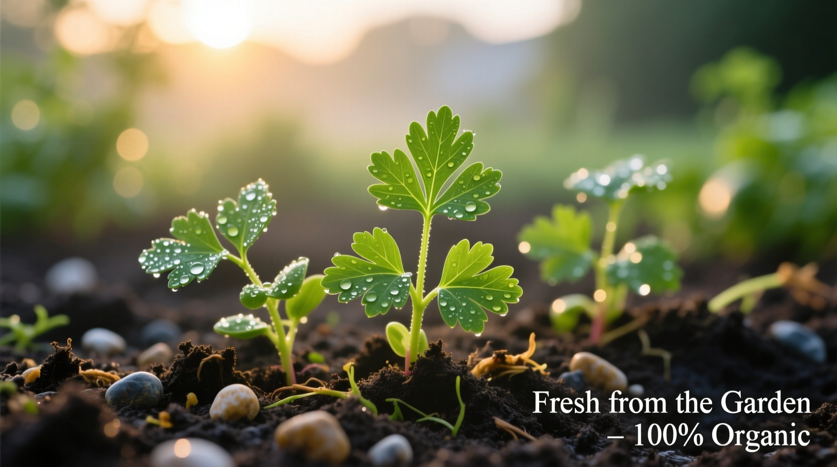 Healthy parsley seedlings in garden soil with morning dew