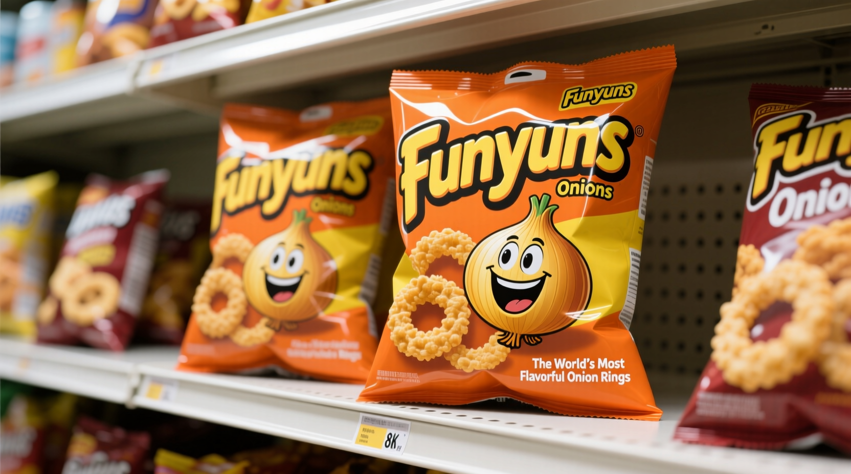 Funyuns onion flavored rings packaging on store shelf