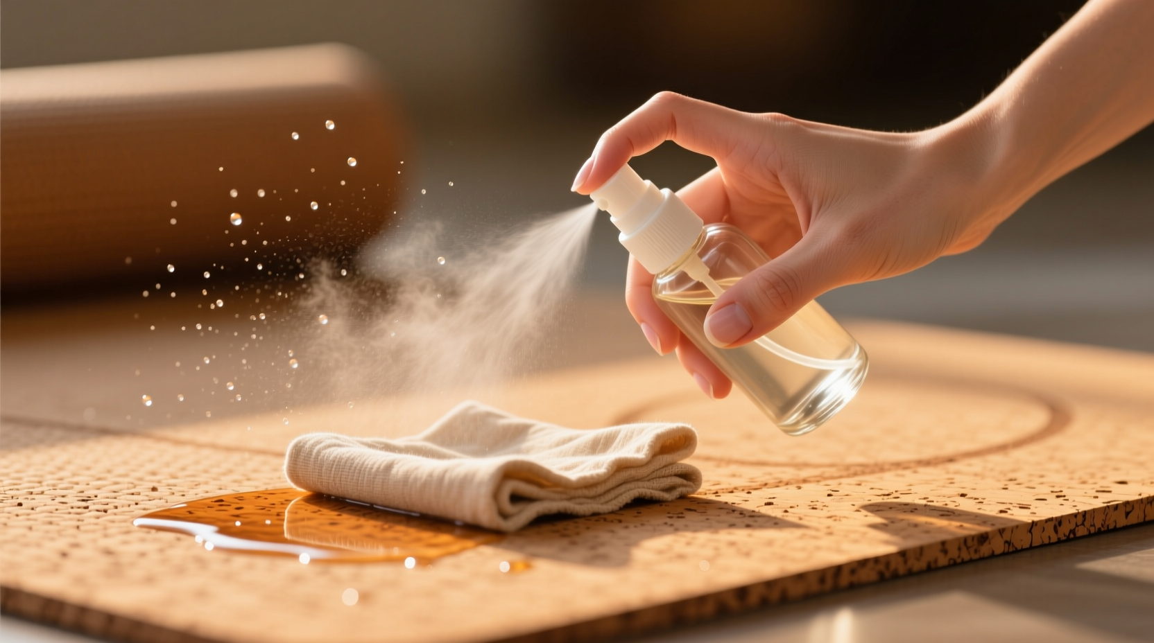Close-up photo of a hand misting a light amber cork yoga mat with a fine-spray glass bottle, followed by gentle one-directional wipe using a folded organic cotton cloth—no pooling, no streaks, no visible pressure