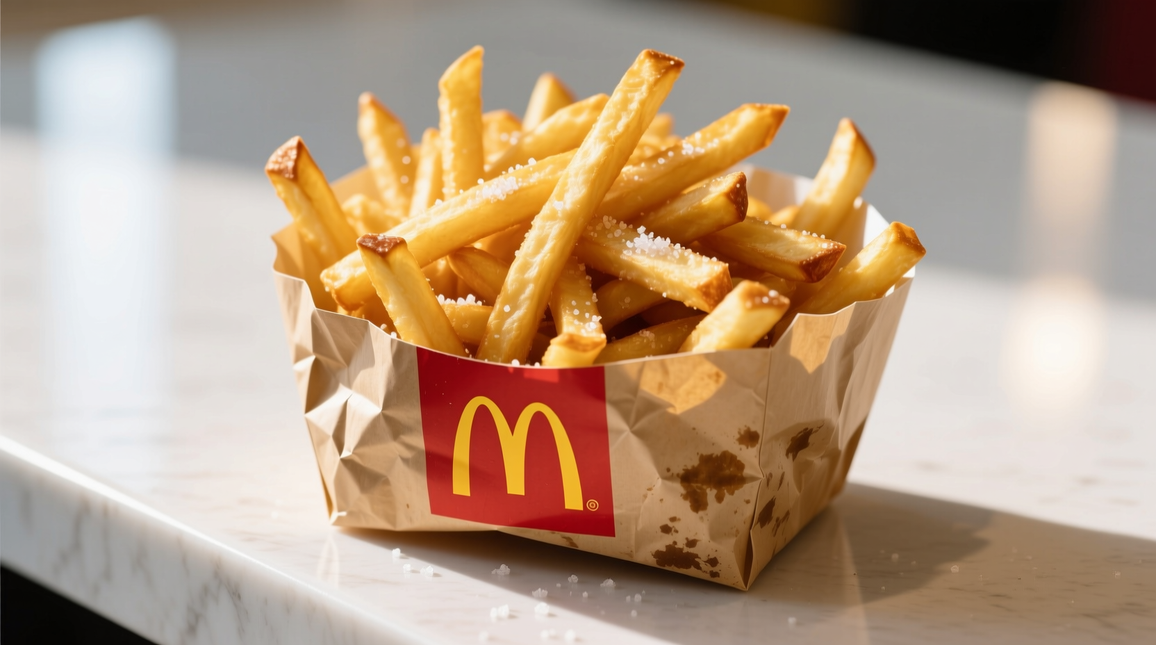 Golden McDonald's style french fries in a paper container