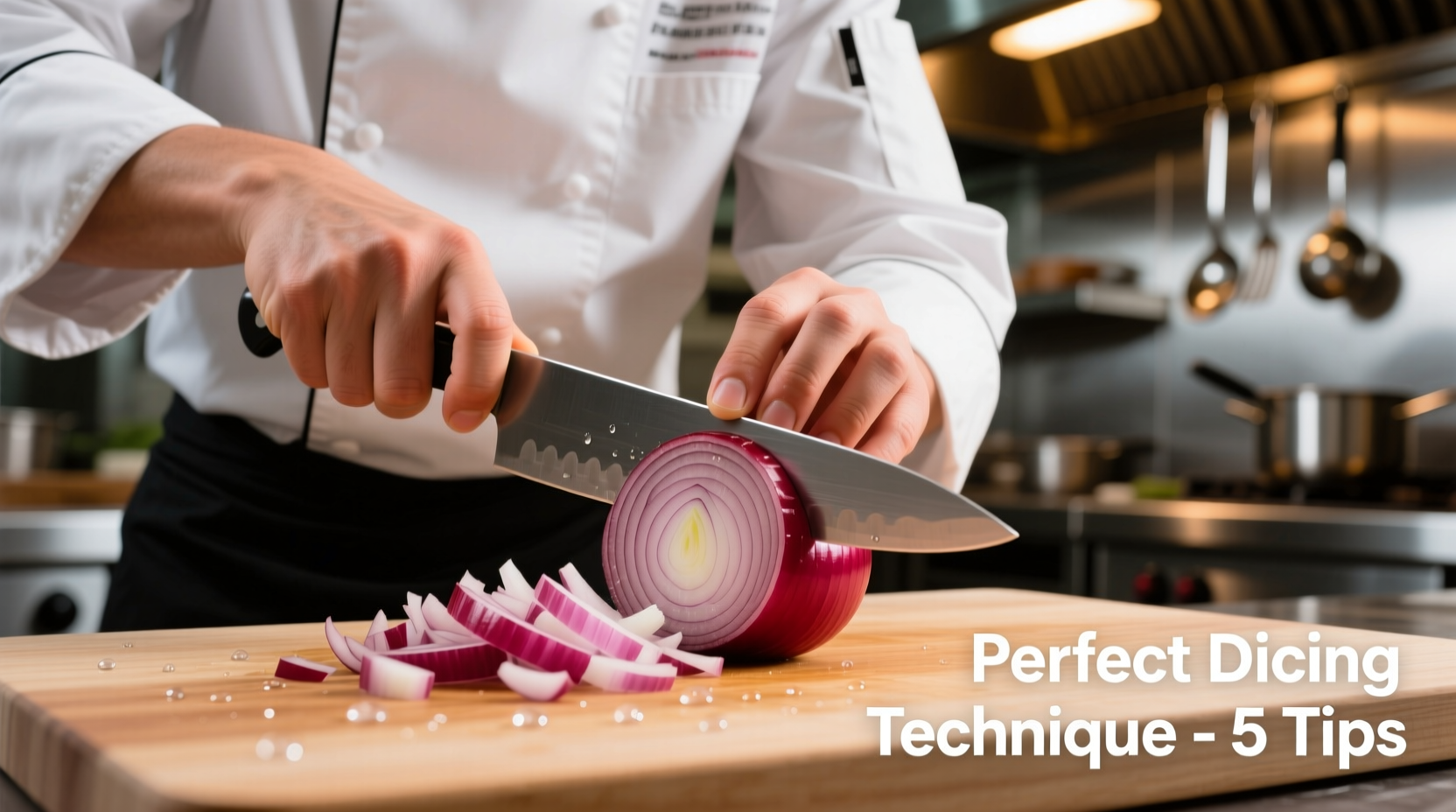Chef demonstrating proper red onion dicing technique