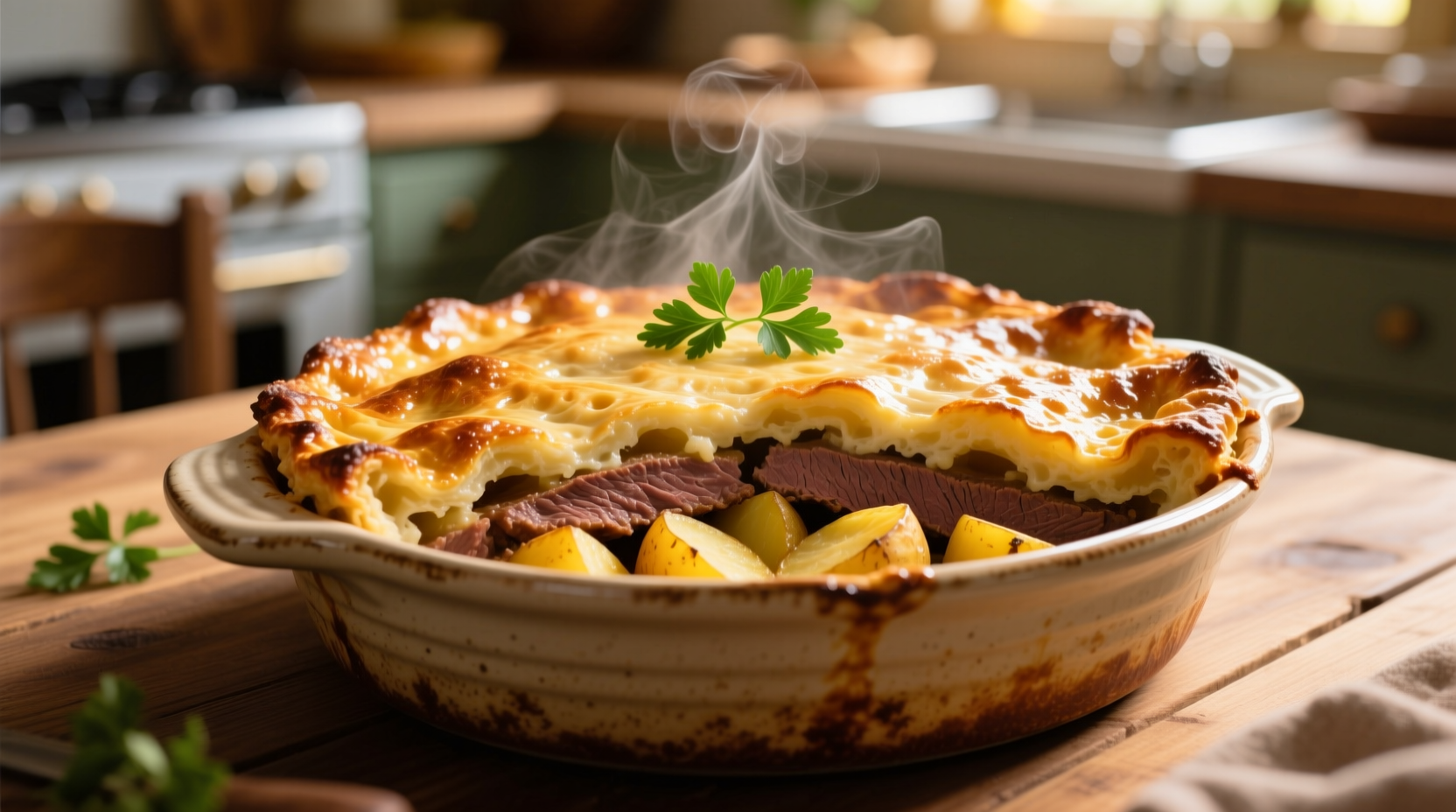 Golden baked casserole with layered beef and potatoes
